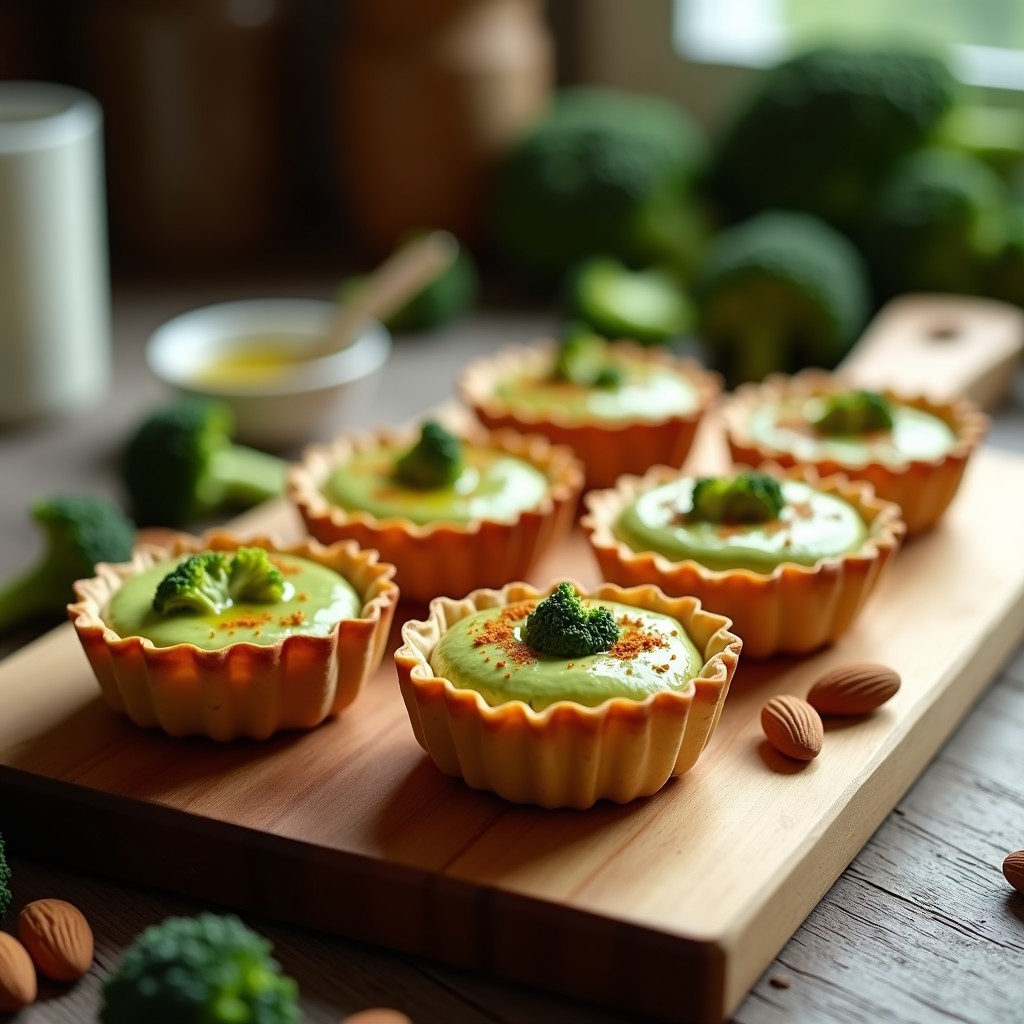 Tartaletas doradas de masa de almendra rellenas de crema verde de brócoli y queso vegano gratinado, servidas en bandeja de madera con decoración de pimentón ahumado.