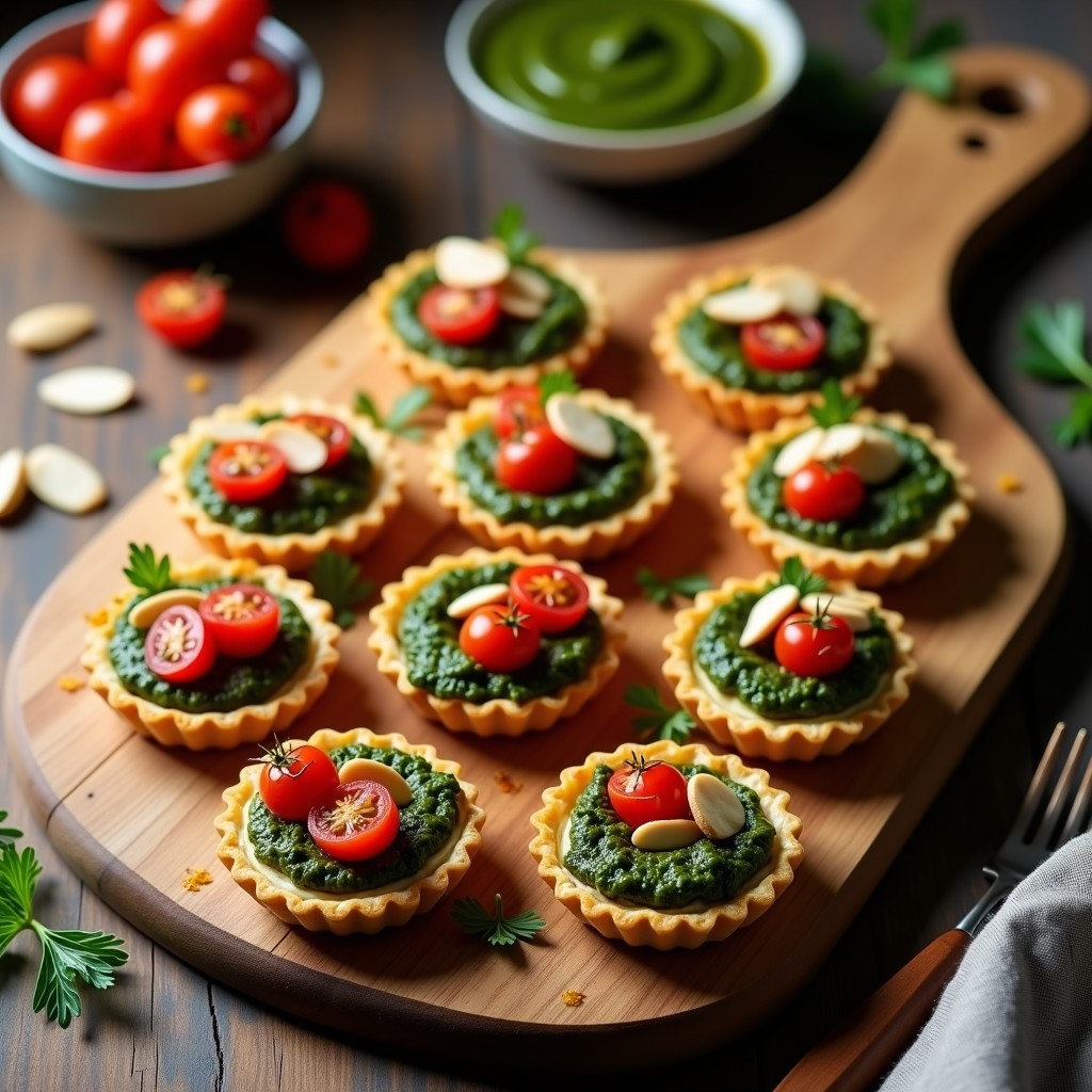 Tartaletas doradas de masa de almendra rellenas de pesto verde azulado de espirulina, coronadas con tomates cherry rojos y semillas de sésamo tostadas, servidas en bandeja de madera rústica con fondo borroso.