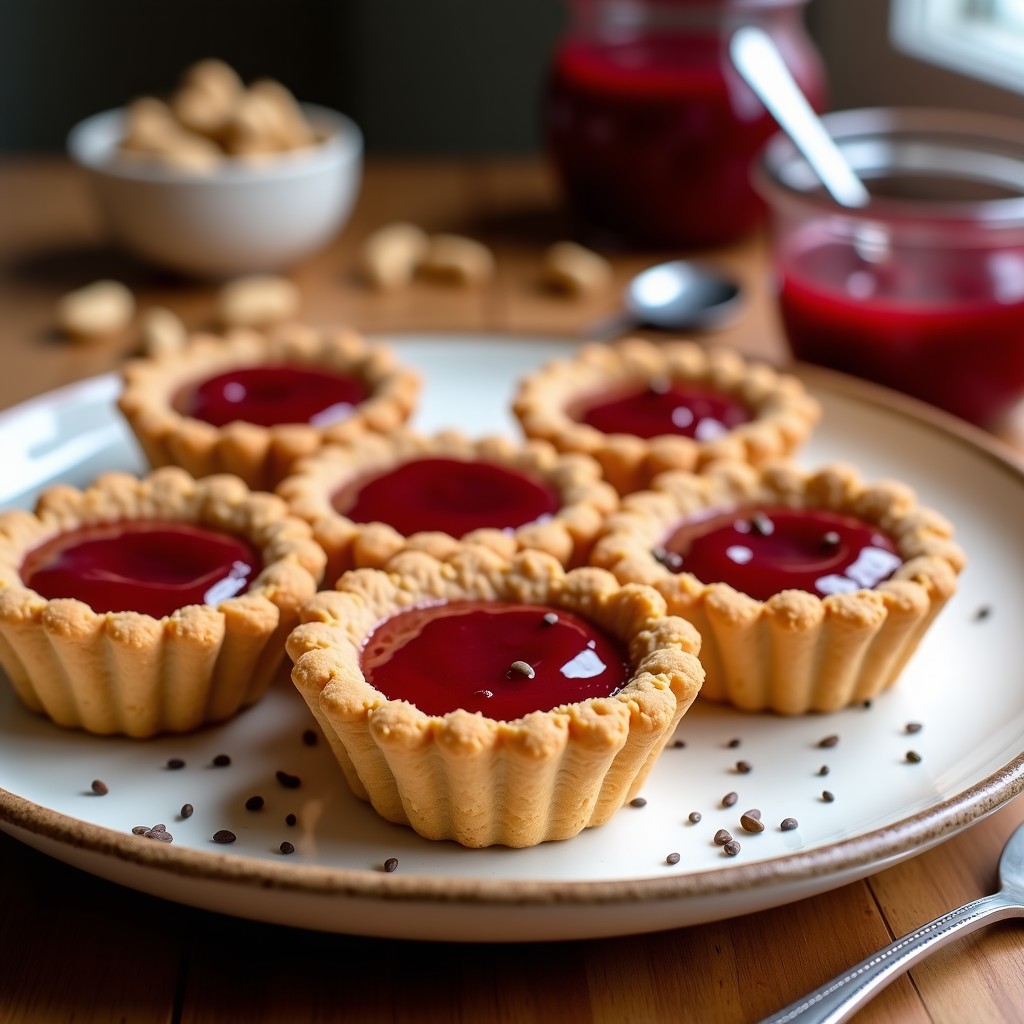 Tartaletas keto de masa de cacahuete dorada con relleno rojo intenso de mermelada de frambuesa y semillas de chía, decoradas con coco rallado sobre fondo blanco.