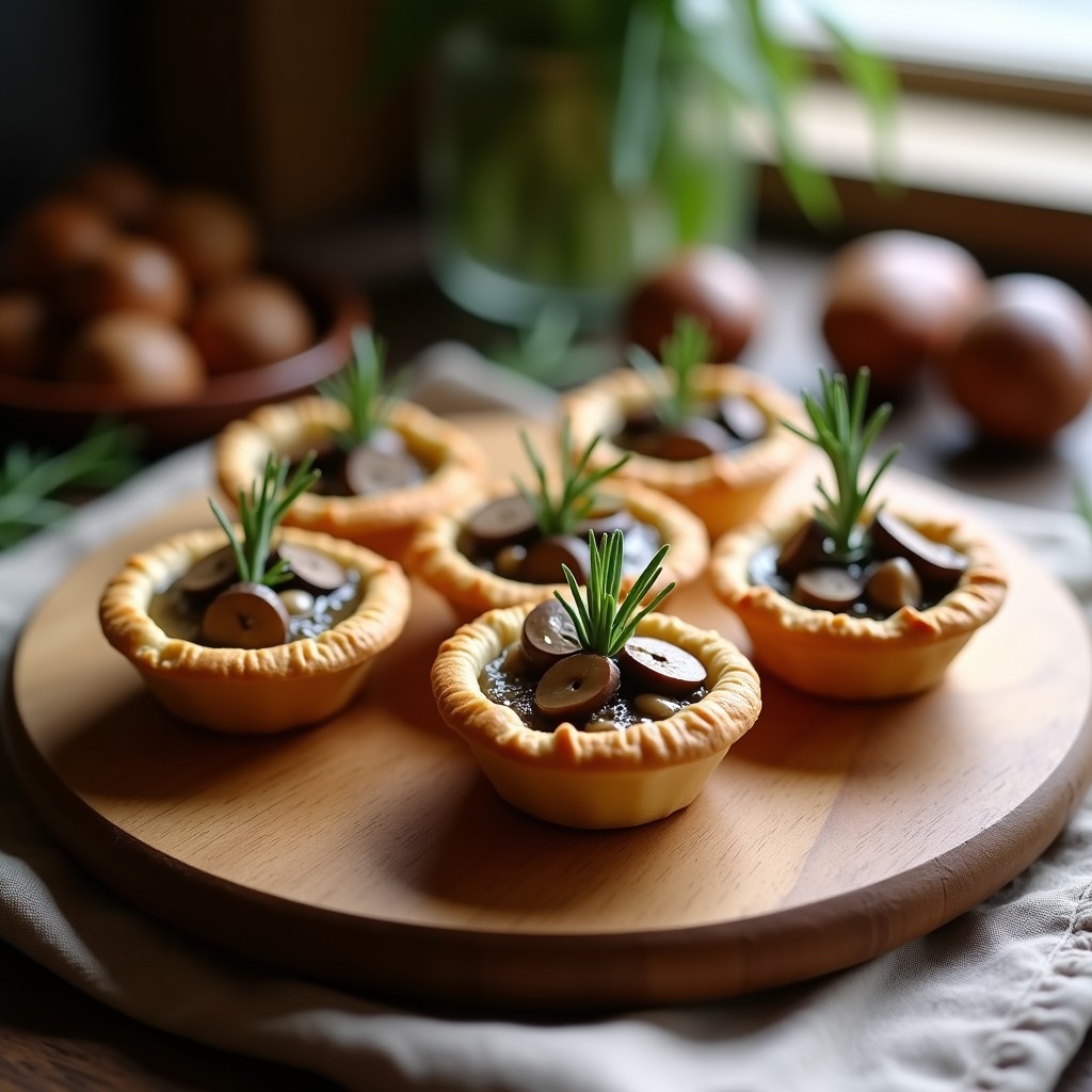 Tartaletas doradas de masa de castañas rellenas de crema espesa de champiñones portobello y decoradas con ramitas de romero fresco, servidas en un plato de cerámica blanca sobre fondo rústico de madera.