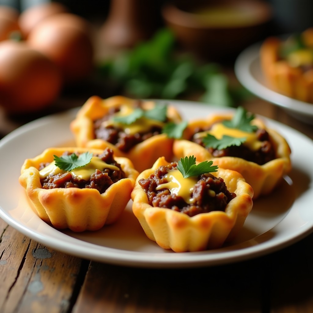 Tartaletas de masarepa doradas y crujientes rellenas de guiso de carne mechada colombiana, servidas en un plato de cerámica blanca con hojas de cilantro fresco y ají picante al lado, receta en airfryer.