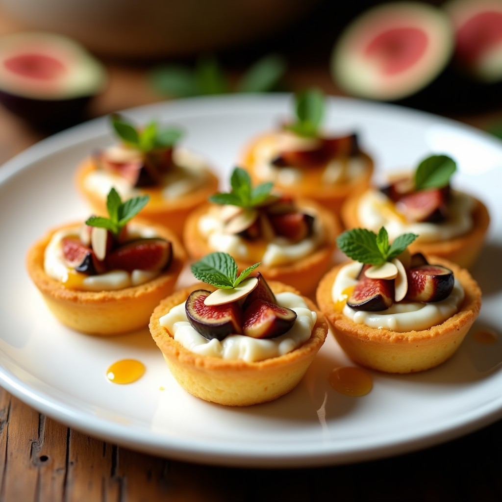 Tartaletas de masarepa doradas con relleno cremoso de queso de cabra y puré de higueras, decoradas con almendras fileteadas y hojas de menta, servidas en plato blanco rústico, receta colombiana sin horno.