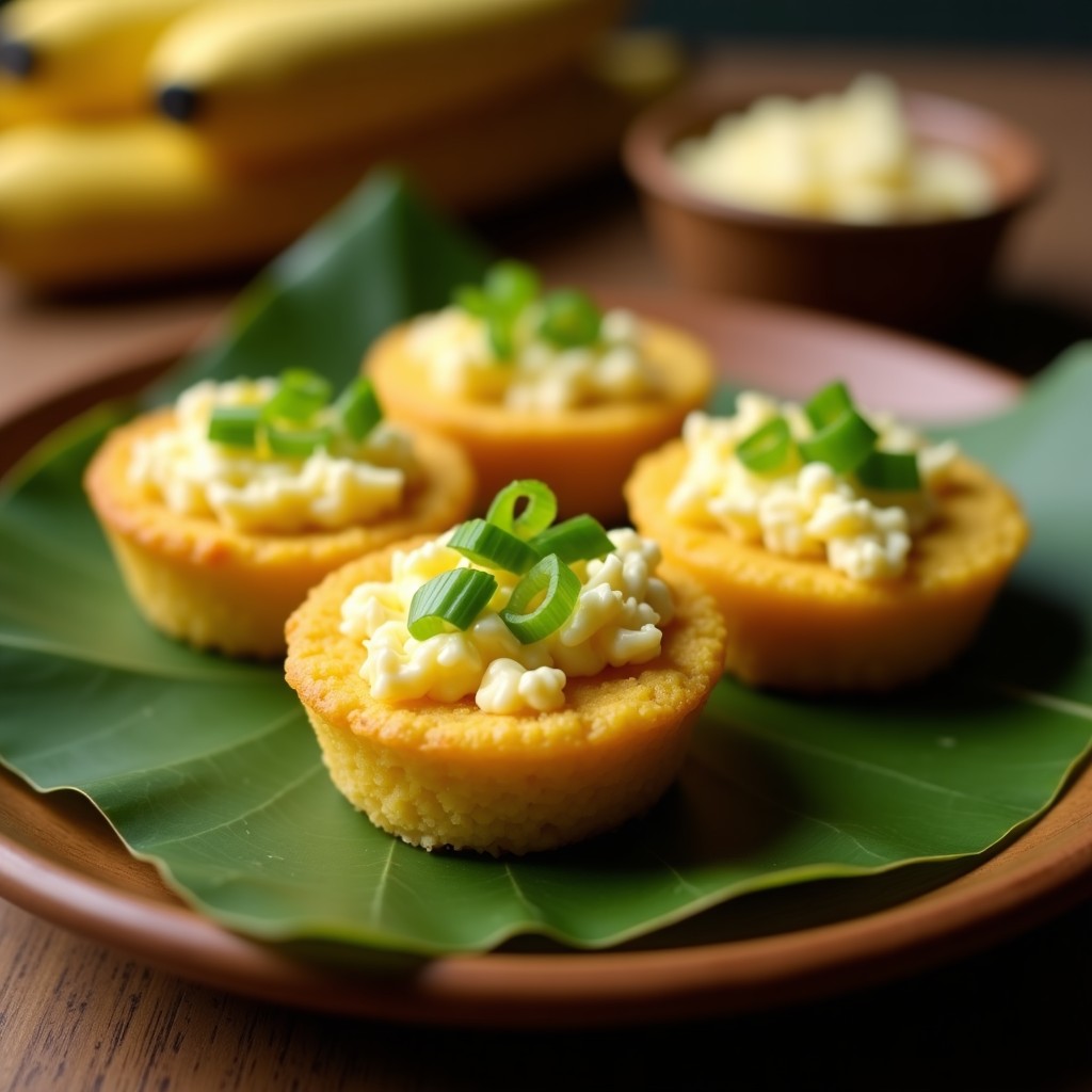Tartaletas de masarepa doradas rellenas de queso campesino cremoso, decoradas con cebollín picado, servidas en un plato de madera rústico con fondo de hoja de plátano, receta colombiana sin horno.