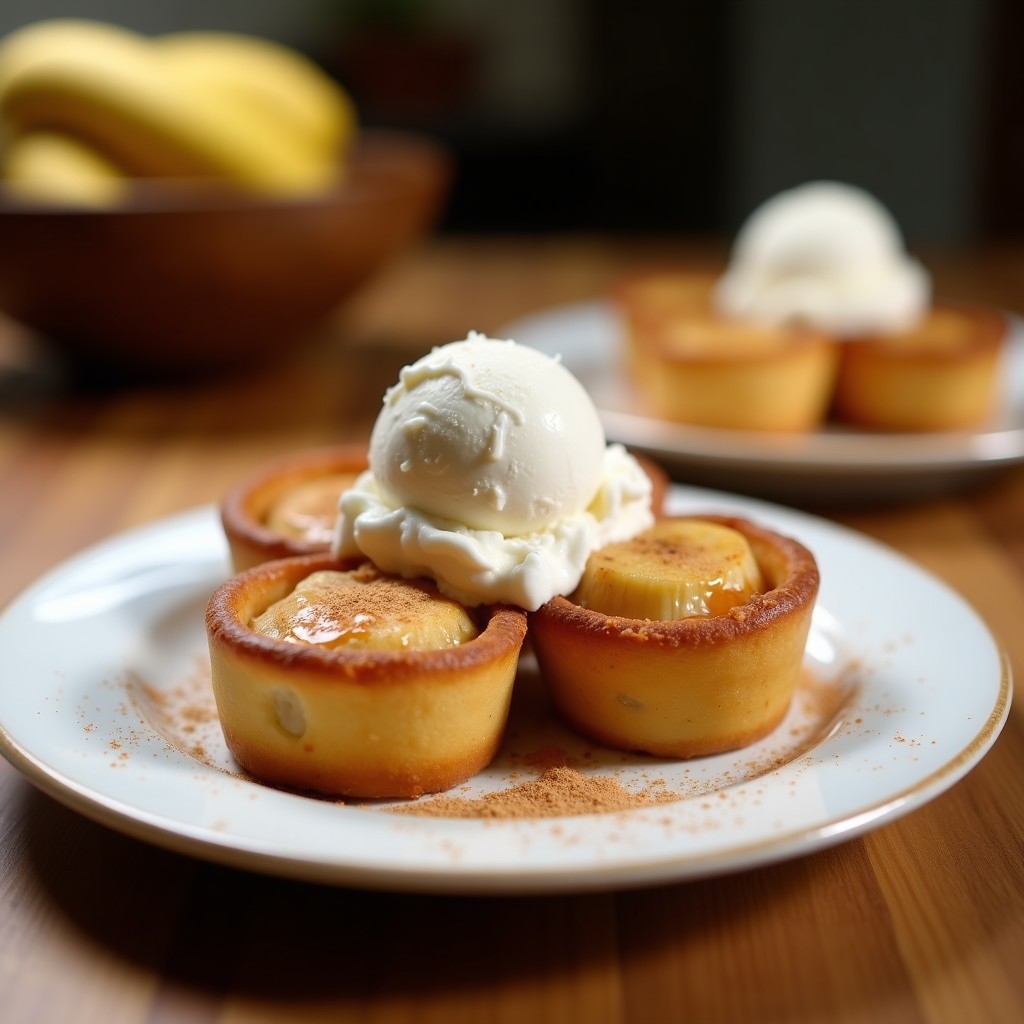 Tartaletas veganas con base crujiente de máscaras de plátano y canela, coronadas con helado de coco cremoso, almendras fileteadas y semillas de chía. Postre sin horno y sin azúcar, servido en moldes individuales sobre una superficie de madera rústica.