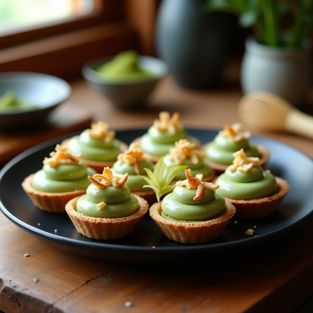 Tartaletas japonesas de matcha y cacao con base crujiente y relleno cremoso de wasabi, decoradas con semillas de chía y copos de coco tostados, sobre un plato de cerámica negra.