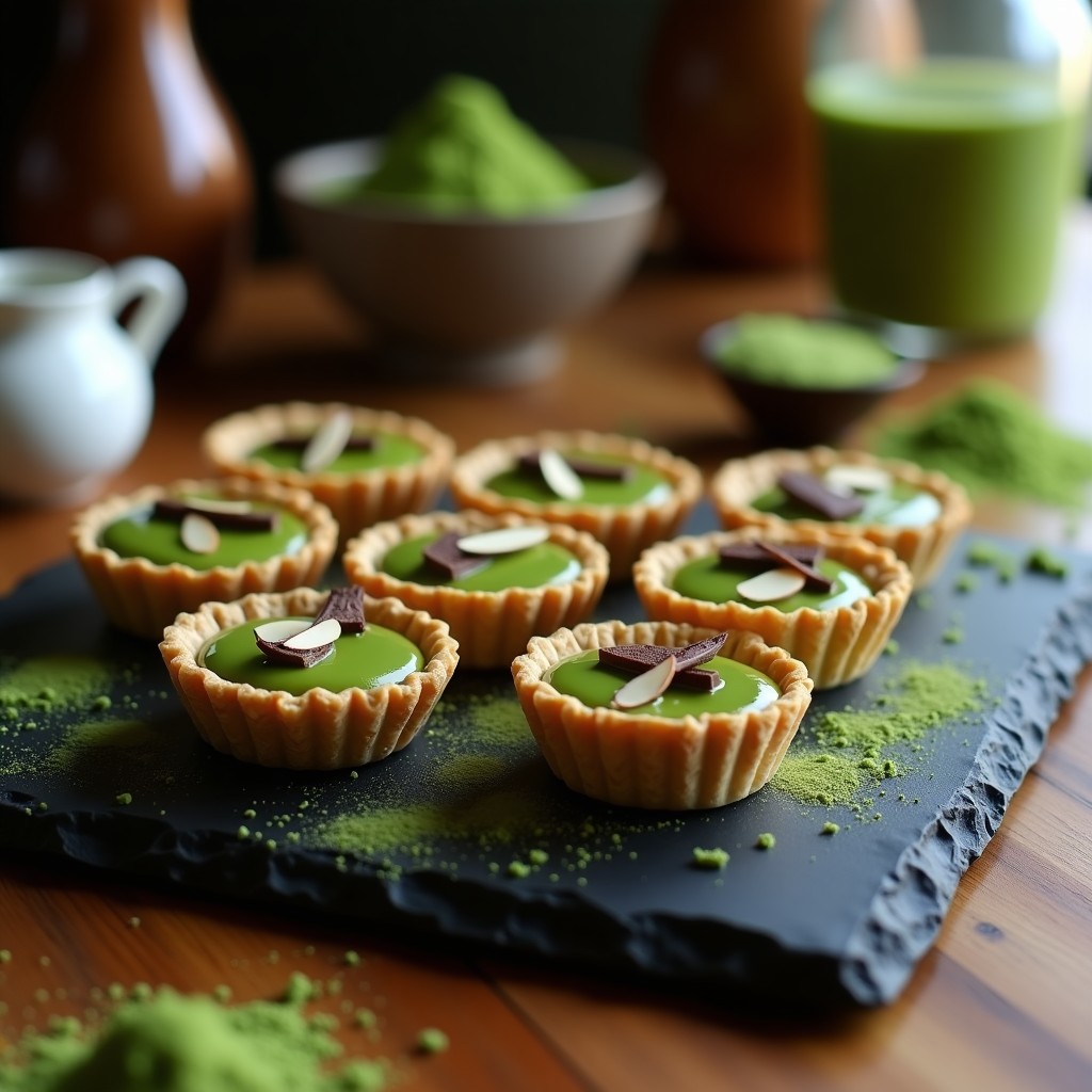 Tartaletas de matcha y chocolate negro en moldes de silicona, con base crujiente de avena y crema verde brillante, decoradas con almendras fileteadas.