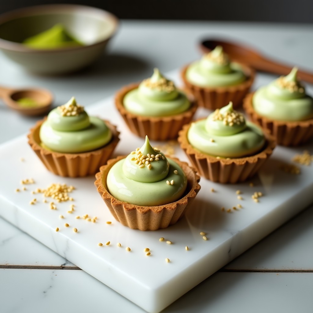 Tartaletas de matcha y cúrcuma keto dispuestas en plato blanco, con base dorada de almendra y coco, rellenas de crema verde vibrante espolvoreada con semillas de chía, postre japonés sin horno.