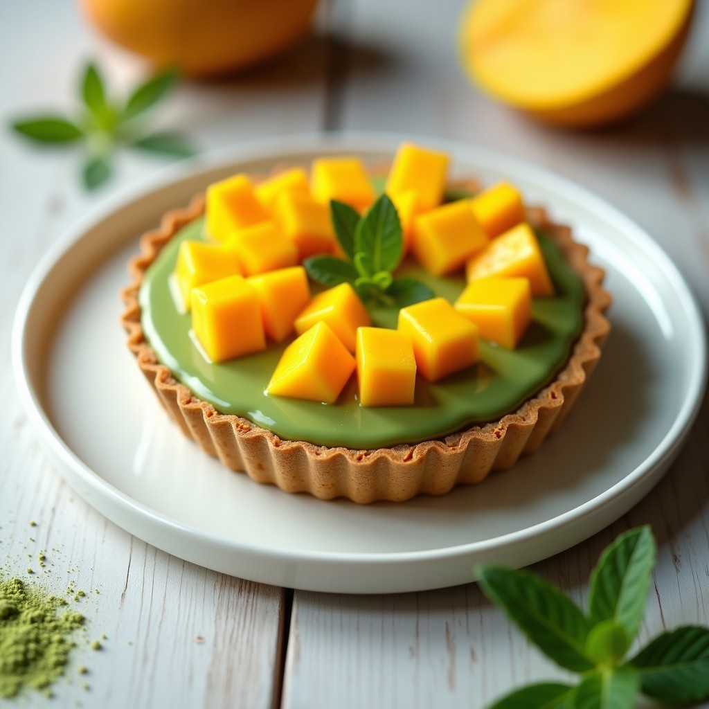 Tartaletas veganas de matcha y mango en molde de silicona, con base dorada de dátiles y almendras, relleno verde esmeralda de crema de matcha y topping de cubos de mango amarillo brillante, servidas en plato blanco sobre fondo de madera clara.
