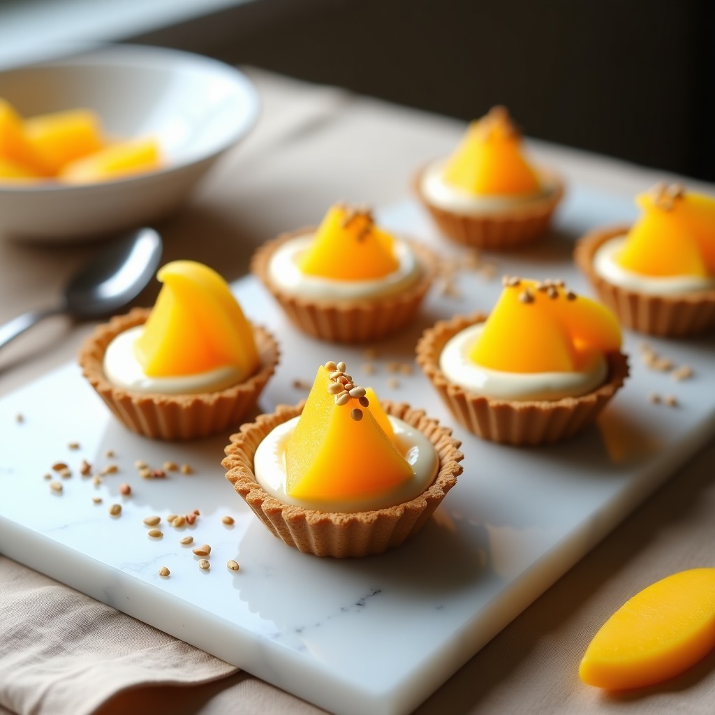 Tartaletas japonesas sin horno con base dorada de cacahuete y dátiles, rellenas de crema de miso y cacahuete, cubiertas con gelée de mango brillante y semillas de sésamo tostadas, servidas en molde individual.