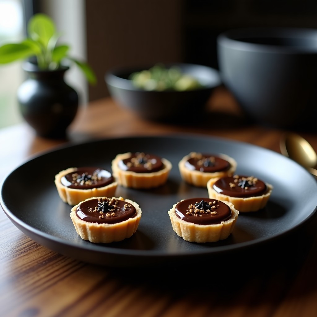 Tartaletas de miso y chocolate negro vegano con umami intense, decoradas con semillas de sésamo negro y hojas de oro sobre un plato de cerámica negra, estilo japonés minimalista.