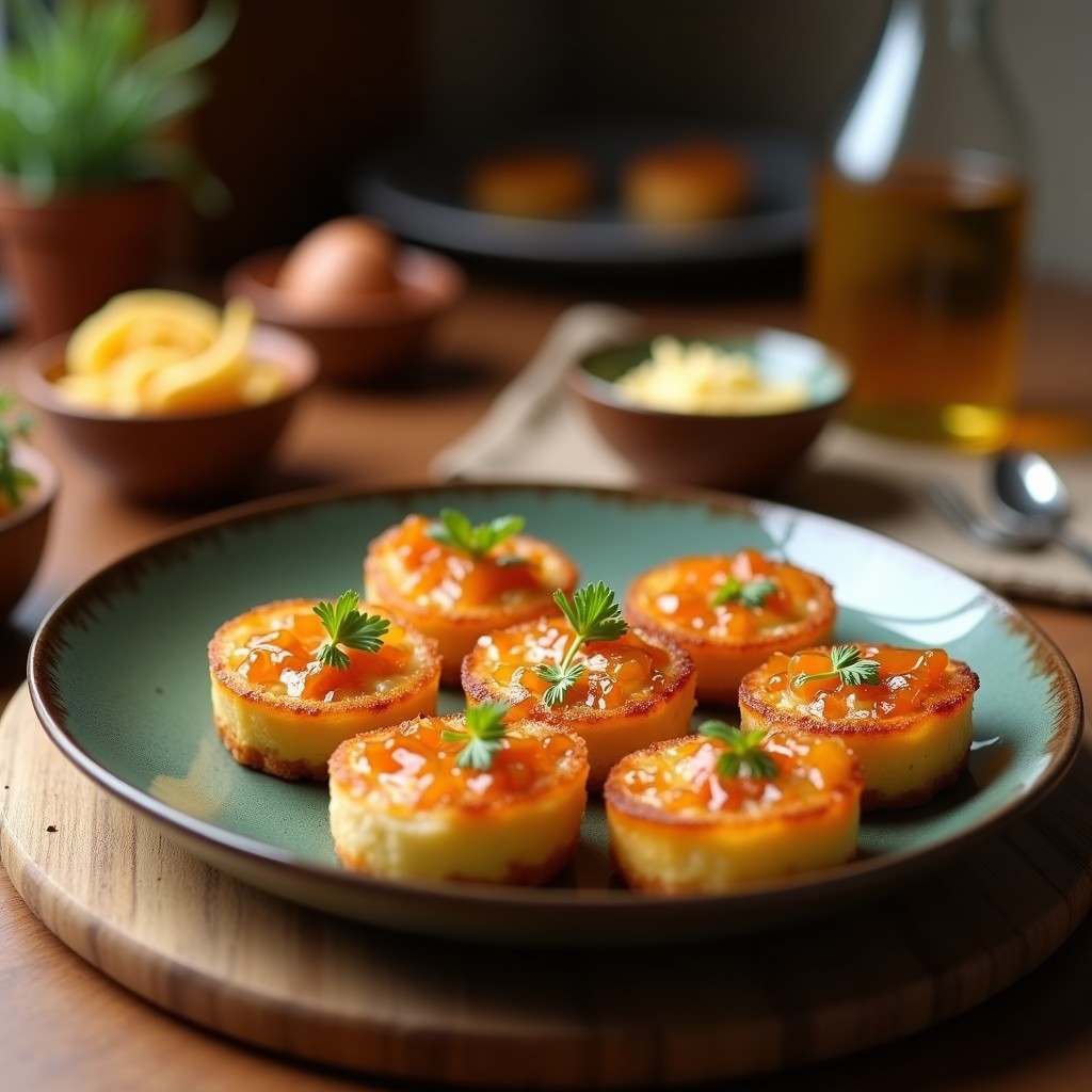Tartaletas doradas de morcilla y cebolla caramelizada en bandeja rústica, con almendras laminadas y queso de cabra desmenuzado, receta gourmet española en horno.