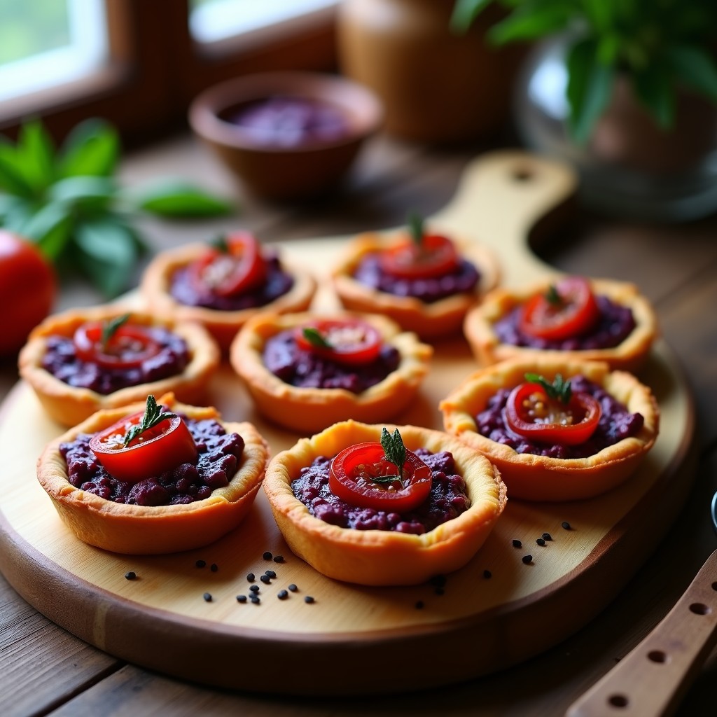 Tartaletas doradas de pan de batata dispuestas en una bandeja de madera, rellenas de pesto de albahaca morada vibrante y decoradas con tomates secos en rodajas. Aperitivo sin gluten con textura crujiente y colores intensos.