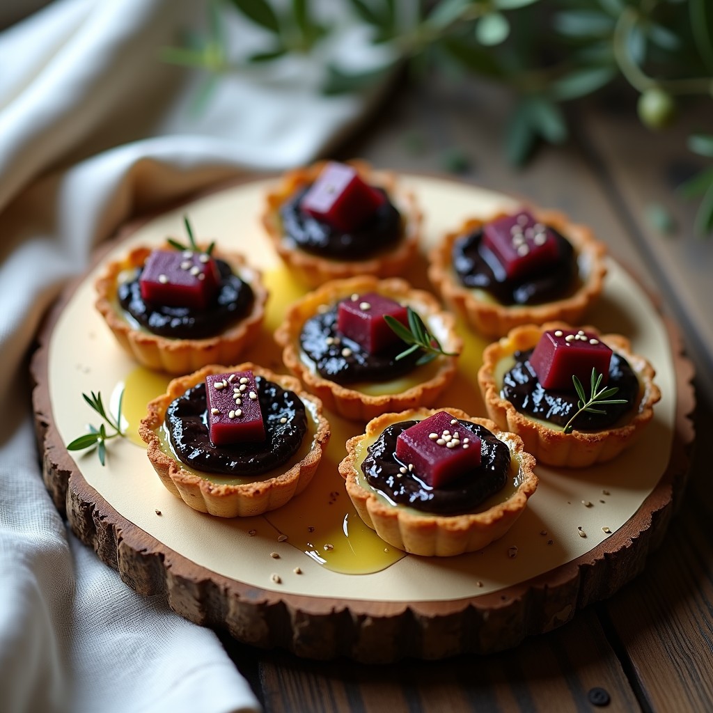 Tartaletas de Patata Morada y verte de Aceituna Negra: Receta griega sin horno