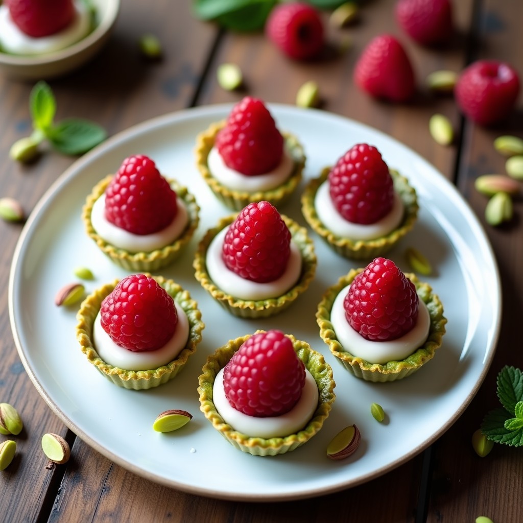 Tartaletas de pistacho y frambuesa sin horno, con base verde esmeralda y frambuesas rojas vibrantes sobre crema blanca, servidas en moldes individuales sobre una mesa rústica.