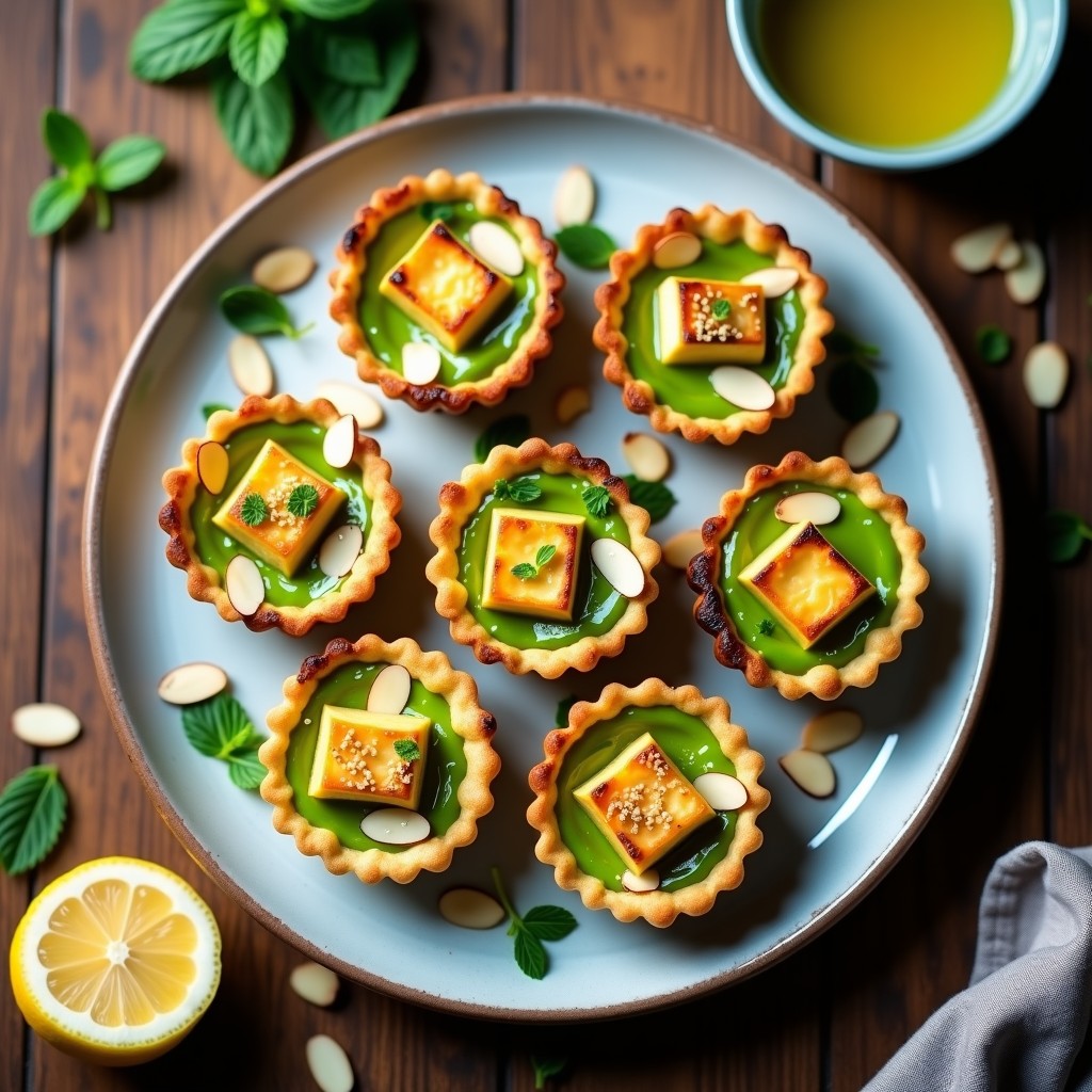 Tartaletas doradas de puré de guisantes con queso halloumi gratinado en aireador, servidas en moldes de silicona sobre tabla de madera rústica. Receta chipriota en airfryer sin masa.