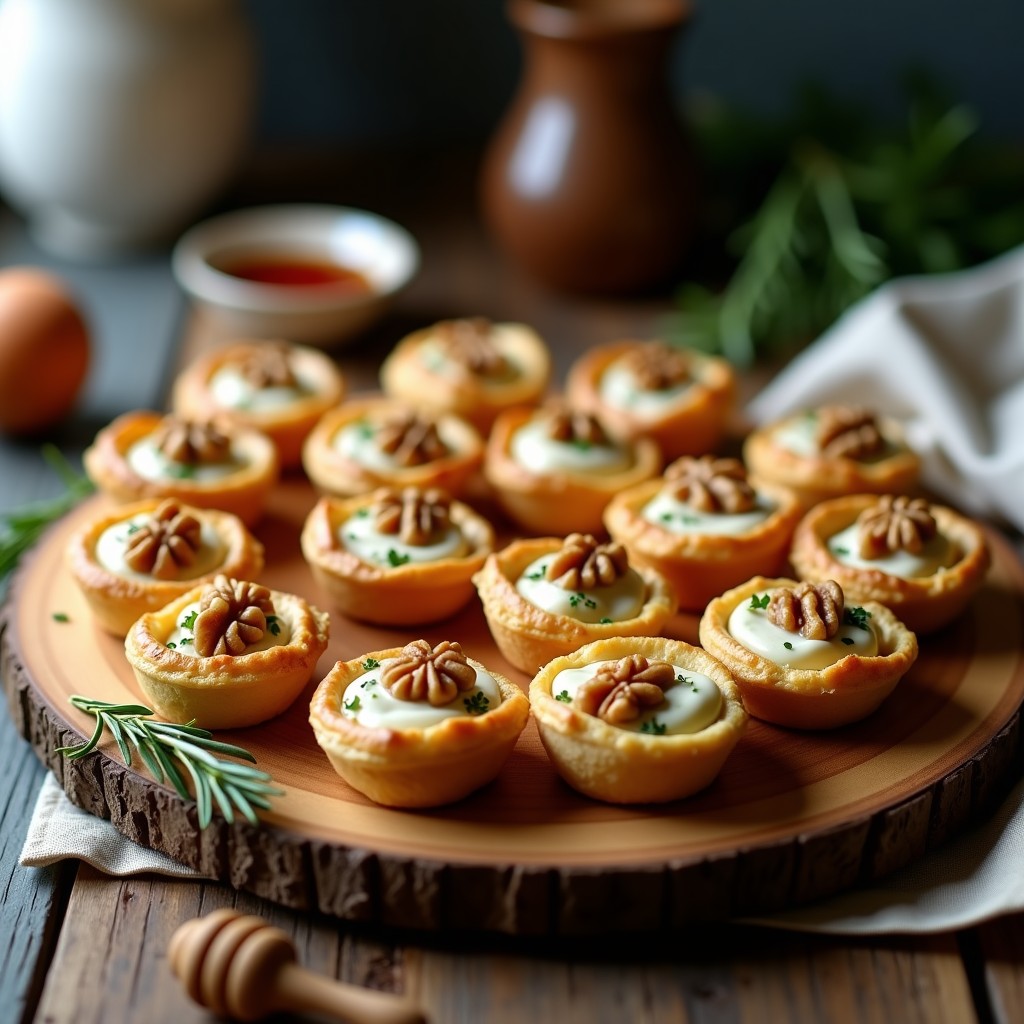 Tartaletas de hojaldre dorado rellenas de crema de queso azul, coronadas con nueces troceadas y un hilo brillante de miel de romero, servidas en bandeja de madera rústica.