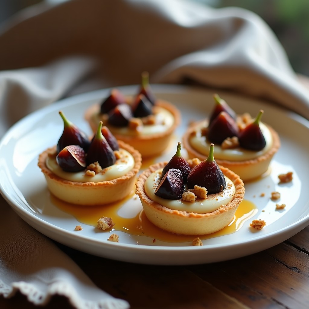 Tartaletas argentinas de queso de cabaña cremoso con higos negros caramelizados y nueces picadas sobre base de galleta, servidas en molde individual. Receta sin horno en 20 minutos.