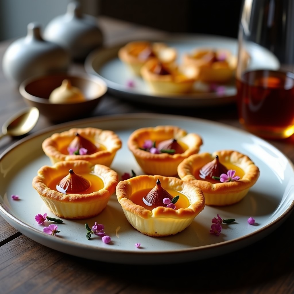 Tartaletas doradas en molde de acero con base crujiente de almendra y coco, rellenas de queso de cabaña cremoso, higosCaros en cuartos y un hilo brillante de miel de lavanda, decoradas con pimienta rosa y pétalos de lavanda comestibles sobre fondo rústico de madera oscura.