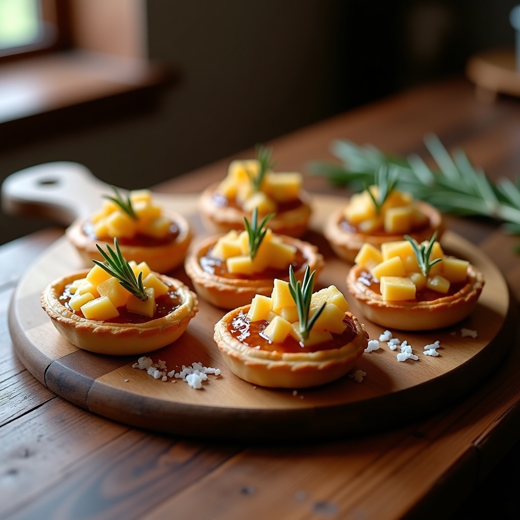 Tartaletas doradas de hojaldre integral con queso de cabra desmenuzado y mermelada de cebolla caramelizada brillante, decoradas con romero fresco y sal marina en escamas sobre una bandeja de madera rústica.