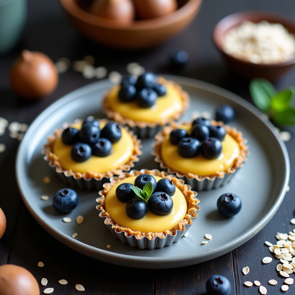 Tartaletas veganas sin horno con base dorada de avena y semillas de chía, rellenas de crema suave de queso de castañas y decoradas con arándanos frescos brillantes, servidas en moldes de metal sobre fondo rústico de madera.