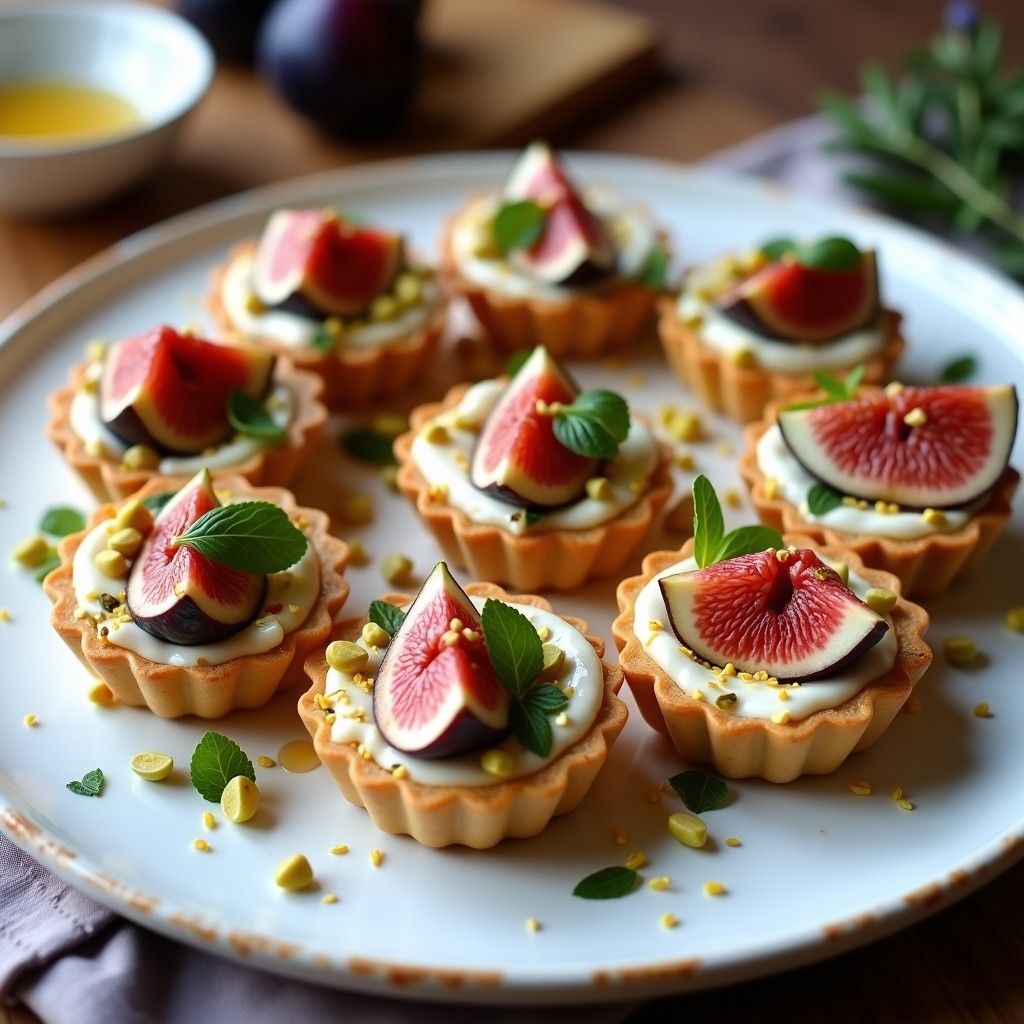 Tartaletas griegas elegantes de queso feta desmenuzado y higos frescos asados en airfryer, con miel de lavanda y almendras fileteadas doradas, decoradas con hojas de menta sobre un plato blanco de porcelana.