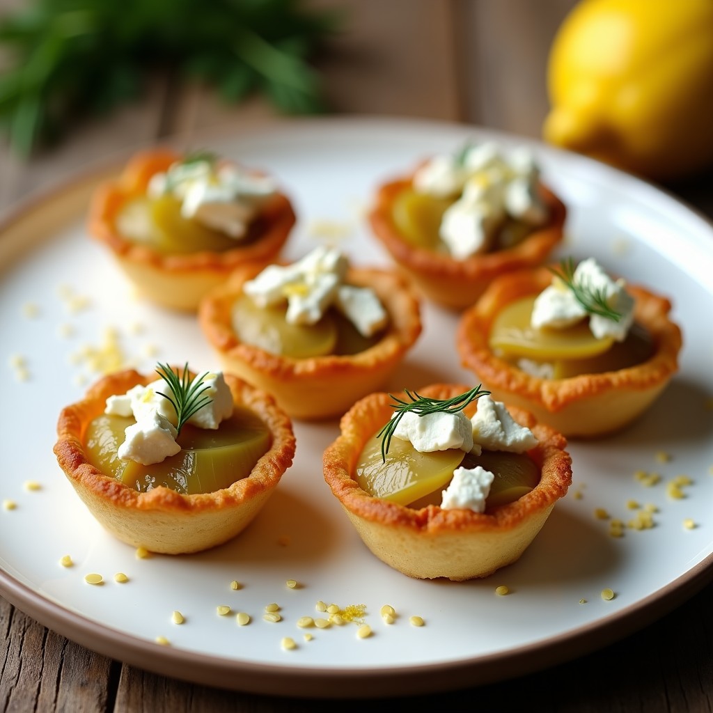 Tartaletas doradas con base crujiente de masa de almendra, rellenas de puerro caramelizado y queso feta desmenuzado, decoradas con semillas de sésamo y eneldo fresco, sobre un plato de cerámica blanca con fondo rústico.