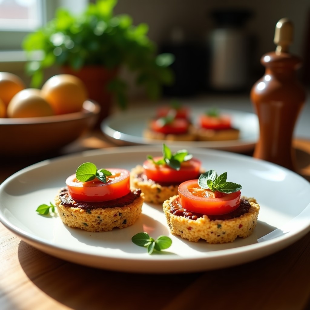 Tartaletas doradas de quinoa con relleno oscuro de aceitunas Kalamata y tomate seco, decoradas con almendras fileteadas y hojas de tomillo fresco sobre un plato de madera rústico, aperitivo mediterráneo sin gluten.