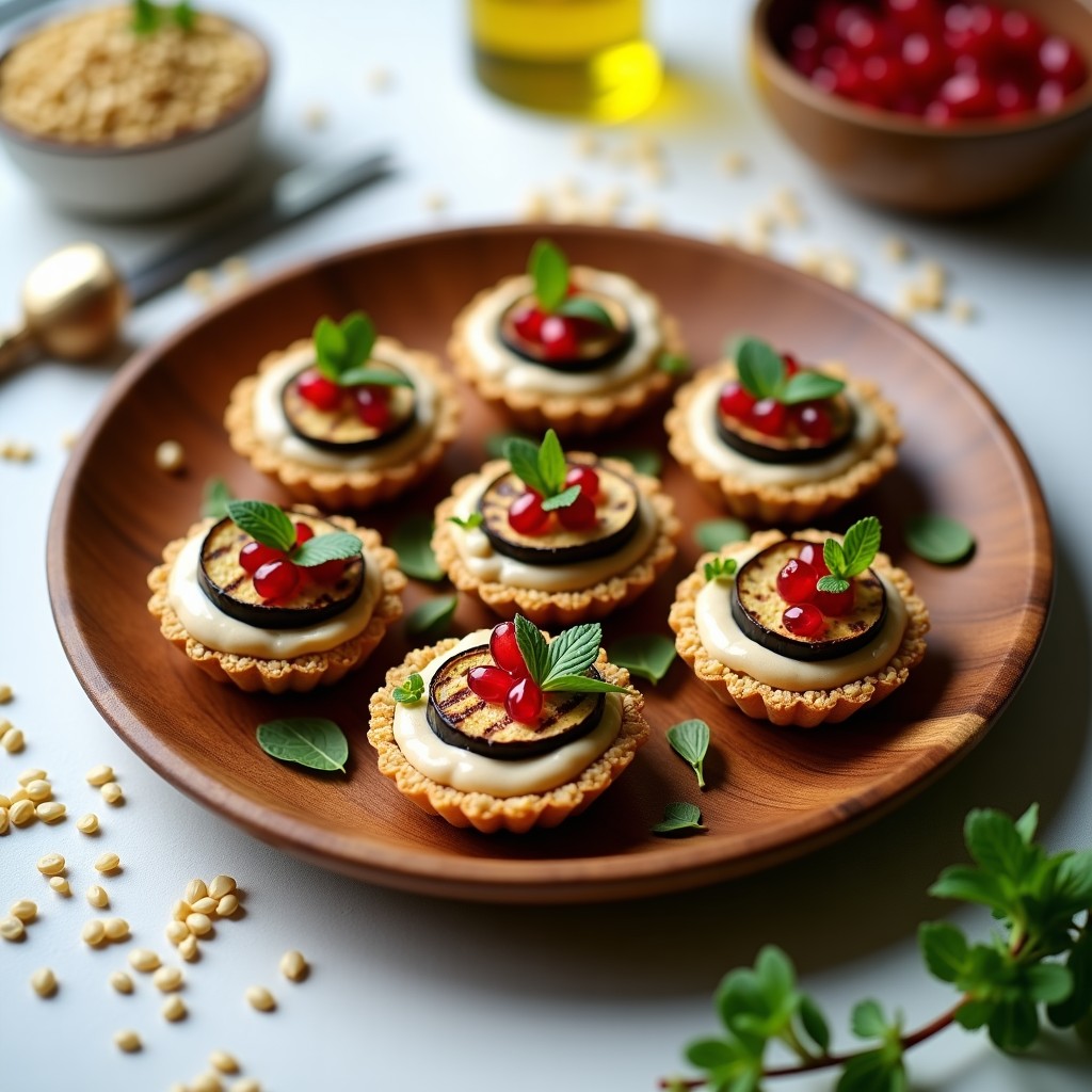 Tartaletas veganas de quinoa con base dorada y crujiente, rellenas de crema de tahini suave y berenjena asada en rodajas, decoradas con semillas de granada rojas, perejil verde y hojas de menta sobre un plato de madera rústica.