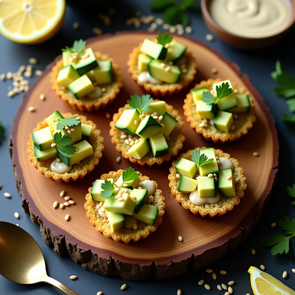 Tartaletas keto de quinoa inflada y calabacín rallado, con salsa de tahini cremosa y semillas de sésamo tostadas, servidas en moldes individuales sobre una tabla de madera con hierbas frescas.