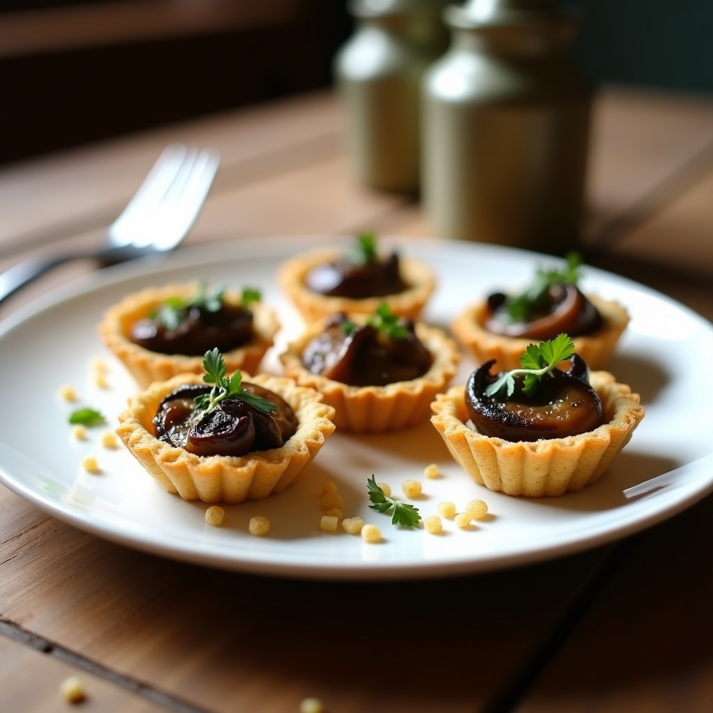Tartaletas de quinoa doradas rellenas de champiñones portobello salteados con aceite de trufa, decoradas con perejil fresco en un plato de cerámica blanca sobre fondo rústico.