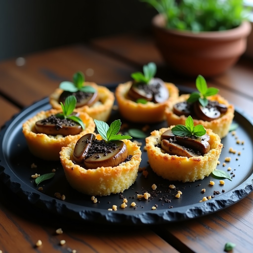 Tartaletas doradas de quinoa rellenas de champiñones portobello trufados, decoradas con perejil fresco y virutas de trufa negra, servidas en plato de pizarra.