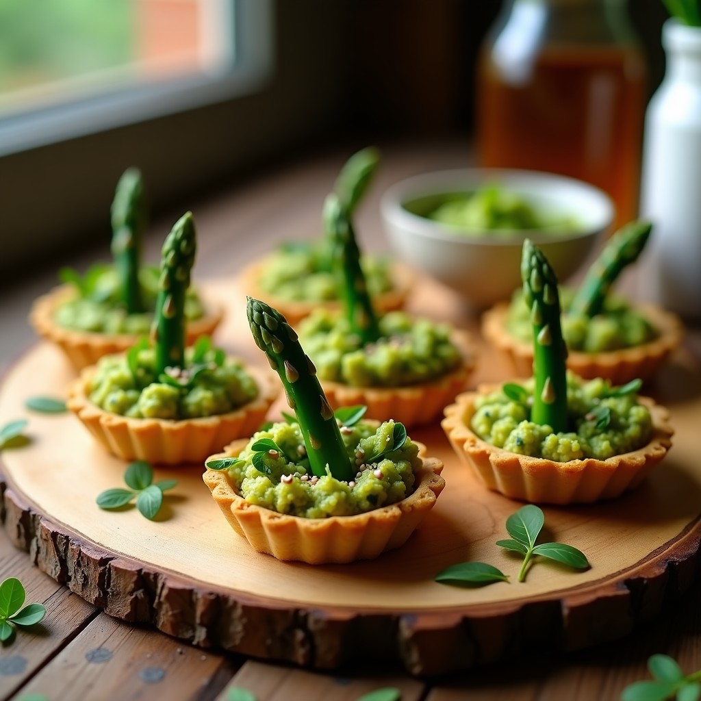 Tartaletas de quinoa inflada dorada rellenas de pesto de rúcula verde intenso, trozos de espárragos trigueros frescos y decoradas con semillas de sésamo, servidas en molde metálico sobre tabla de madera rústica con fondo borroso.