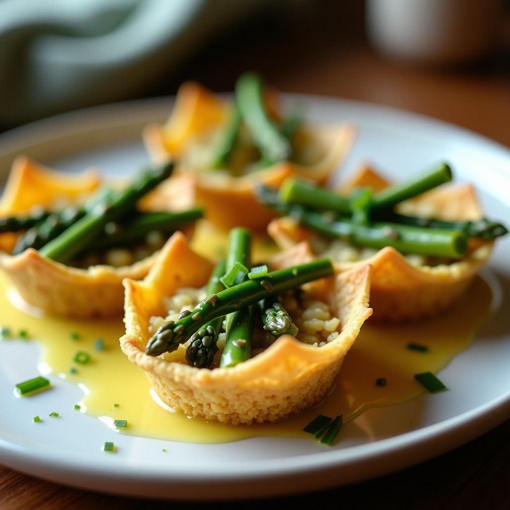 Tartaletas doradas de quinoa en molde silicón, rellenas de espárragos verdes salteados y bañadas con vinagreta cremosa de limón yema, decoradas con cebollino picado. Receta sin gluten y alta en proteína.