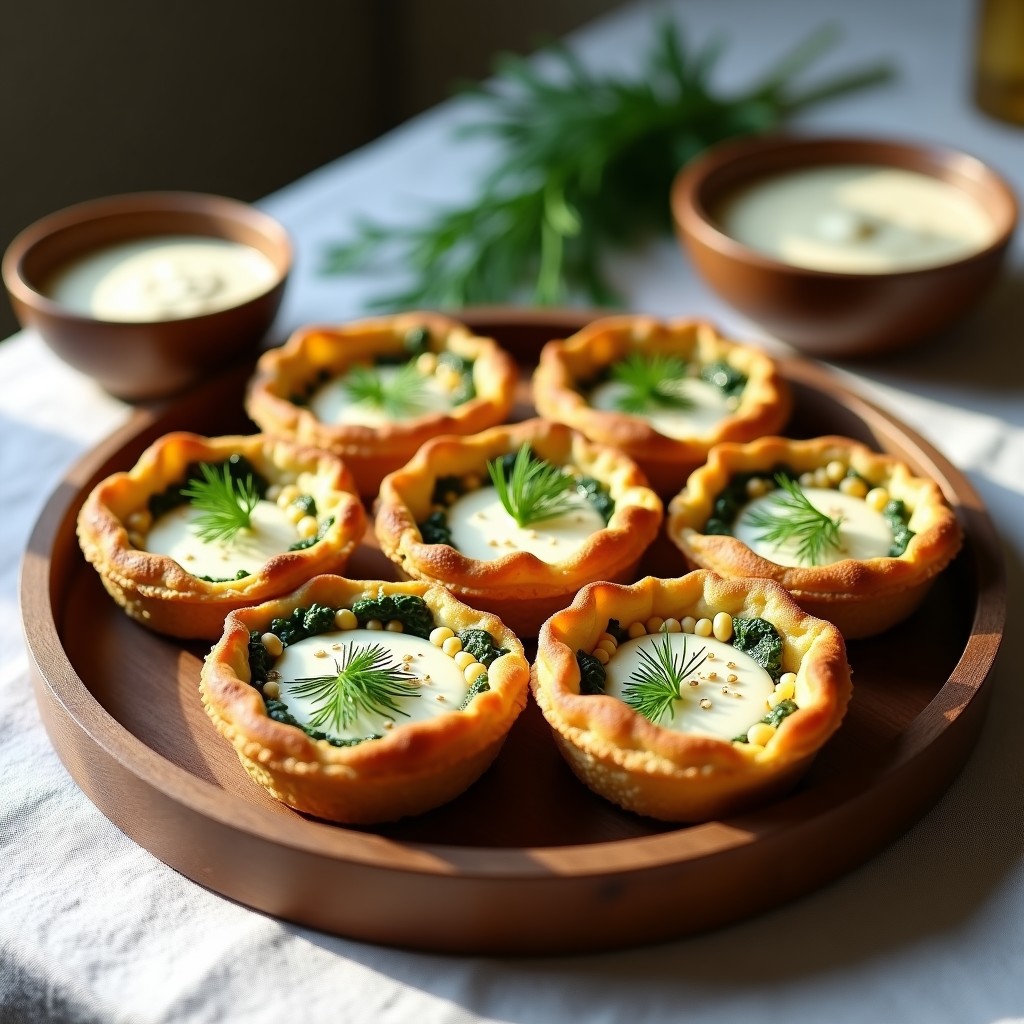 Tartaletas griegas veganas de quinoa y espinacas con base dorada y crujiente, rellenas de espinacas salteadas y decoradas con piñones tostados. Acompañadas de salsa cremosa de yogur de soja con eneldo fresco, servidas en plato de cerámica blanca sobre fondo rústico de madera.
