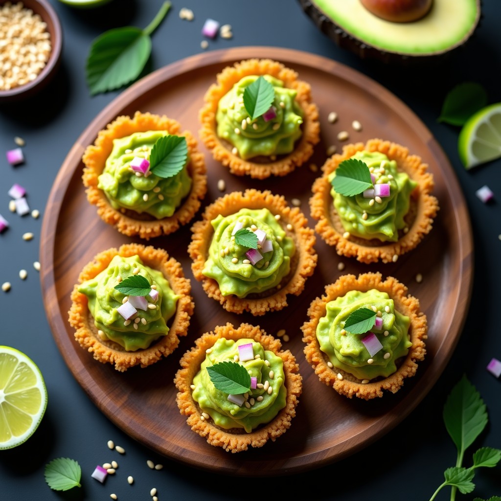 Tartaletas de quinoa inflada dorada rellenas de guacamole cremoso de mango, decoradas con semillas de chía y cilantro fresco, servidas en bandeja de madera rústica.
