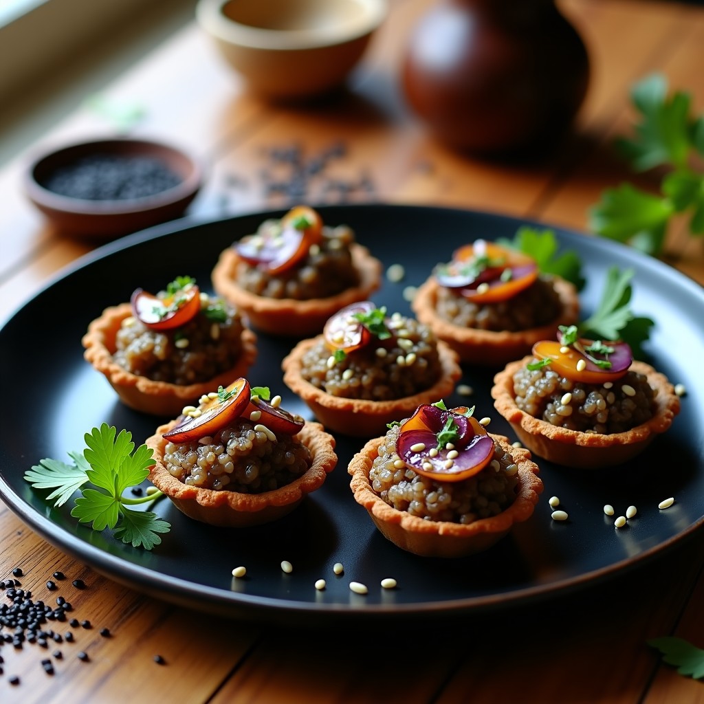Tartaletas doradas de quinoa negra rellenas de hongos shitake salteados, decoradas con semillas de sésamo y alga nori, servidas en un plato de cerámica negra sobre fondo rústico.