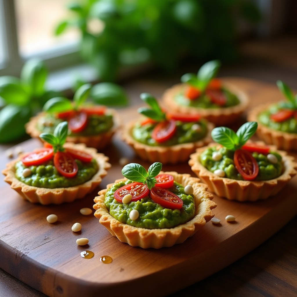Tartaletas doradas de quinoa con relleno verde cremoso de pesto de albahaca y tomates secos, servidas en bandeja de madera rústica con decoración de hojas de albahaca fresca y hilo de aceite de oliva.