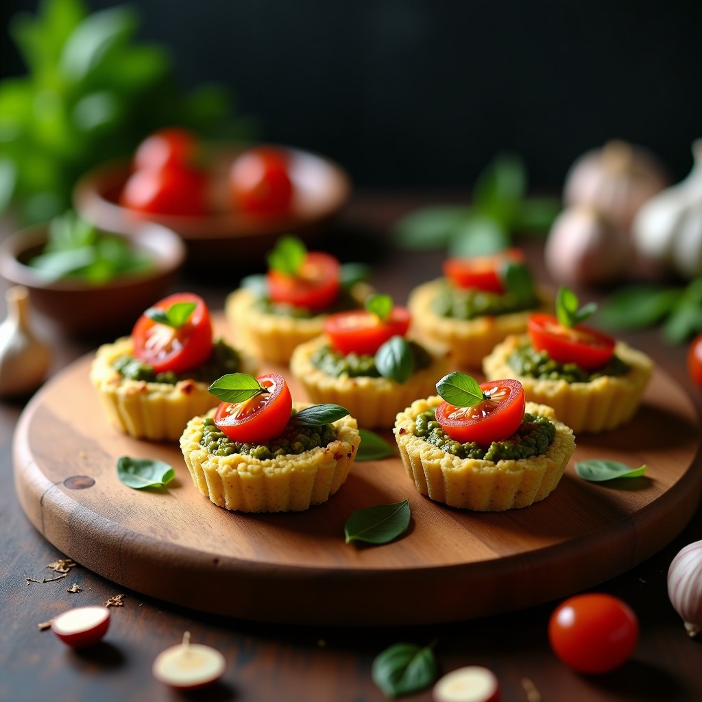 Tartaletas de Quinoa y Pesto de Rúcula con Tomates Confitados: Aperitivo Vegano y Sin Gluten