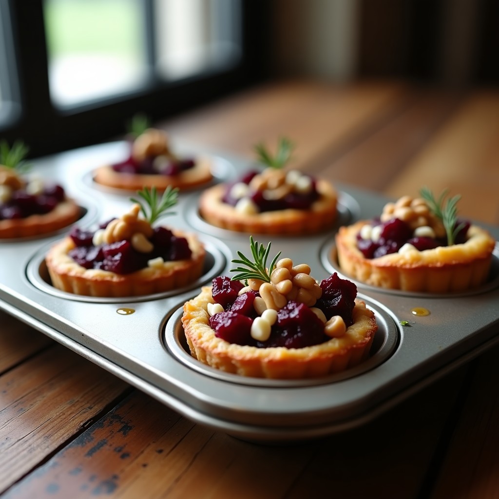 Tartaletas doradas en moldes individuales con relleno cremoso de queso azul y remolacha en cubos, decoradas con nueces y tomillo fresco, receta gourmet en airfryer.