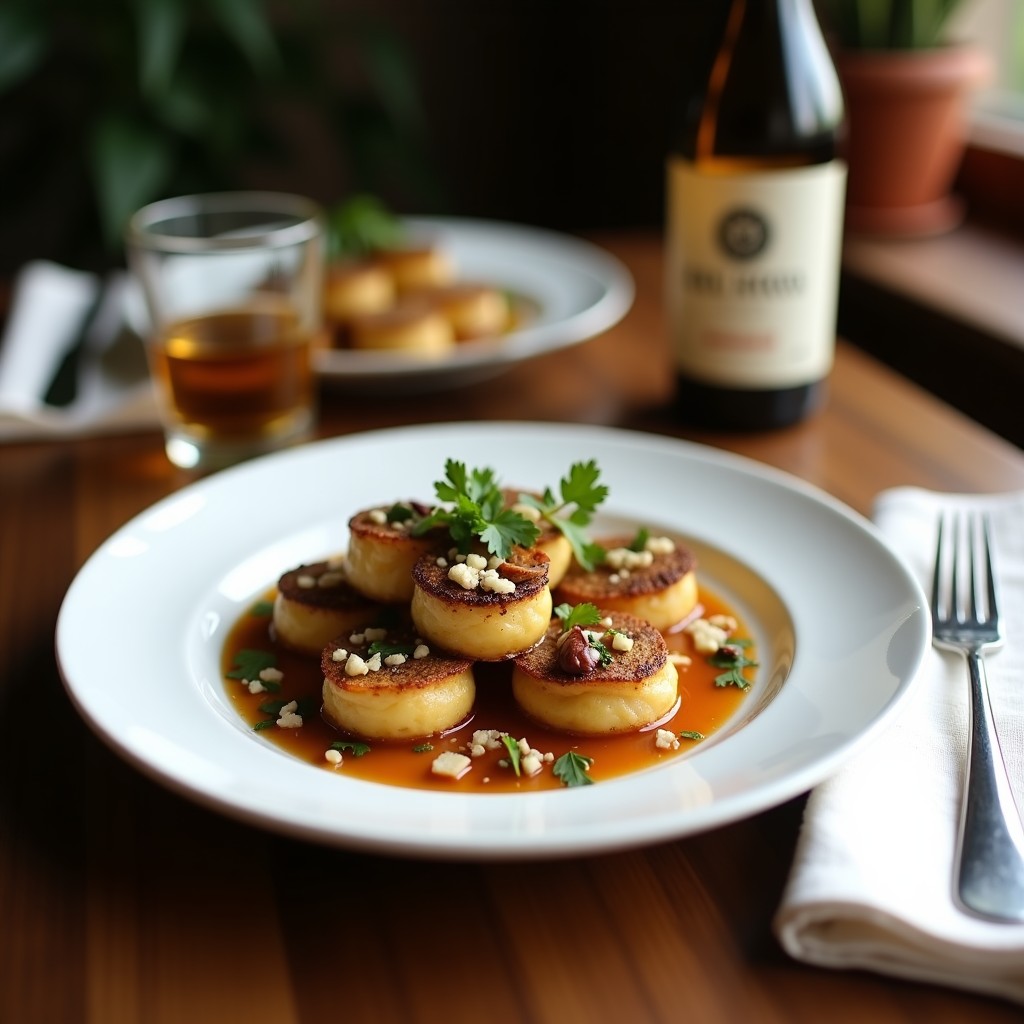 Tartaletas doradas de masa de sorgo con relleno oscuro de hongos shiitake y trufa, presentadas en bandeja de madera con hojas de tomillo fresco y virutas de trufa negra, aperitivo francés sin gluten.