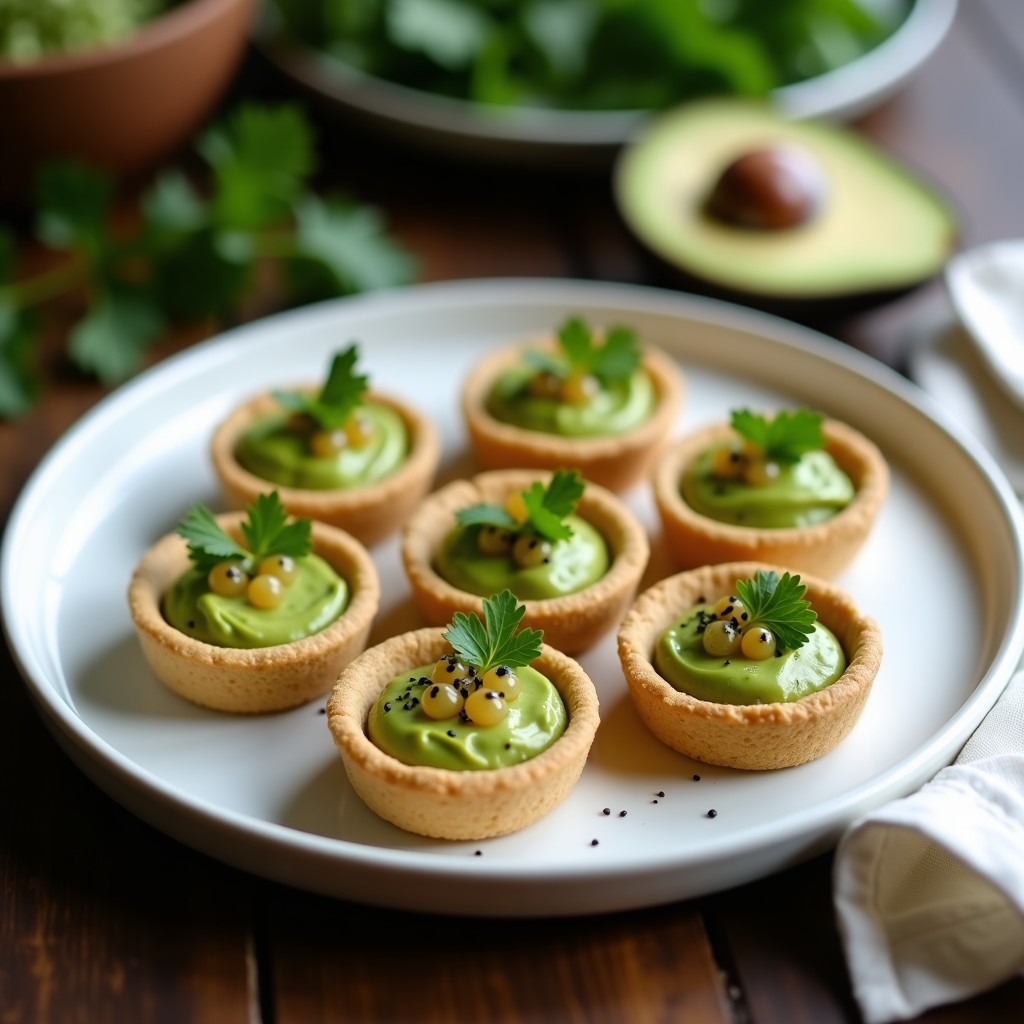 Tartaletas doradas de masa de teff rellenas de crema de aguacate verde brillante, coronadas con perlas de caviar de litchi transparente, decoradas con cilantro, semillas de sésamo negro y hojas de menta, sobre un plato de cerámica blanca con fondo difuminado.
