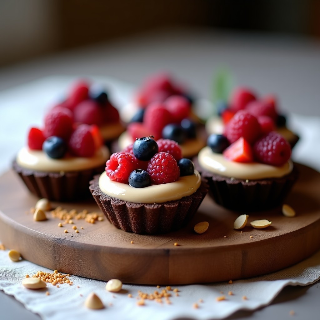Tartaletas de harina de teff doradas con relleno cremoso de anacardos, decoradas con frutos rojos frescos y un hilo de coulis, postre sin gluten sobre fondo rústico.