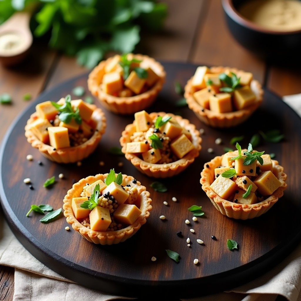 Tartaletas umami con base crujiente de avena y semillas, rellenas de tofu ahumado desmenuzado, decoradas con semillas de sésamo negro y cebollino picado, servidas en molde de silicona sobre tabla de madera.