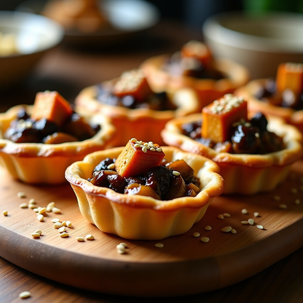 Tartaletas doradas de hojaldre rellenas de shitake salteados y tofu ahumado, con semillas de sésamo espolvoreadas. Receta umami en airfryer.