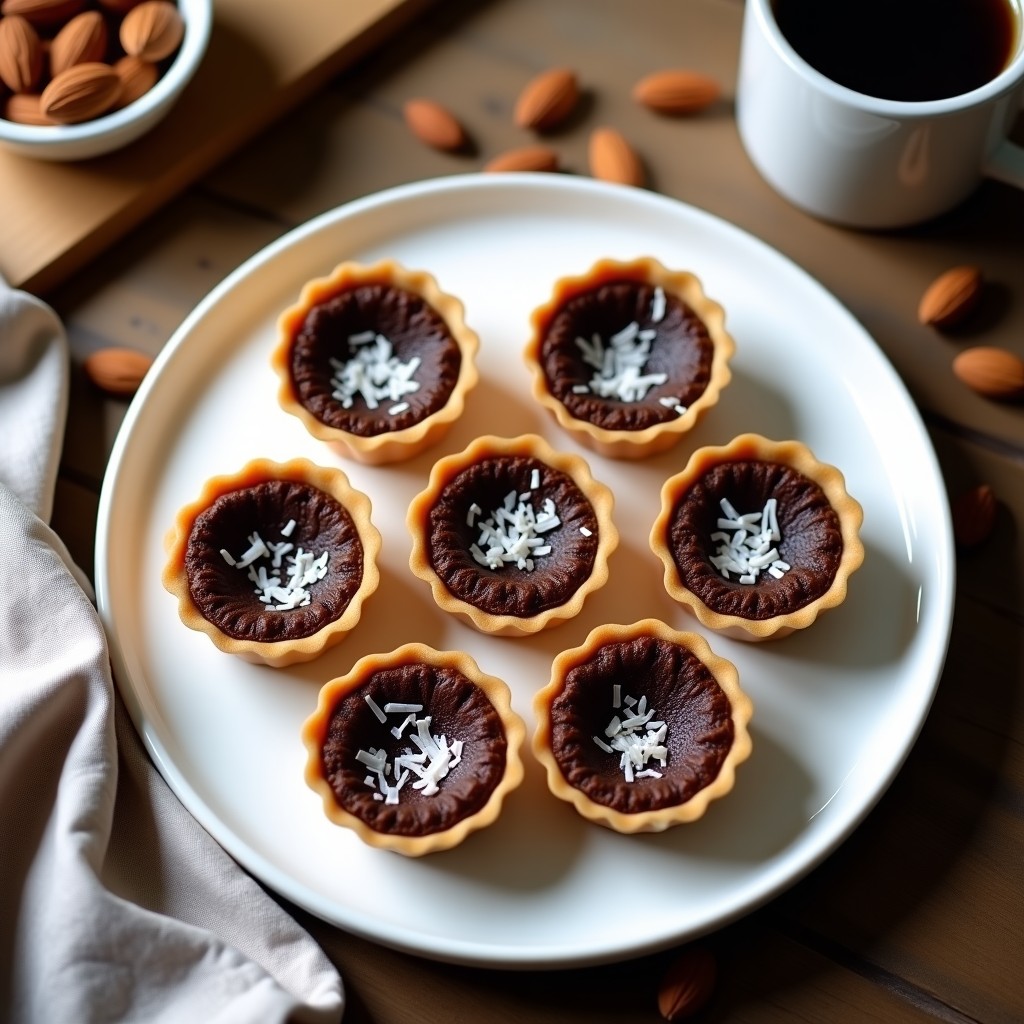 Tartaletas veganas de café y almendras en moldes de silicona, decoradas con coco rallado y servidas en un plato blanco sobre fondo rústico.