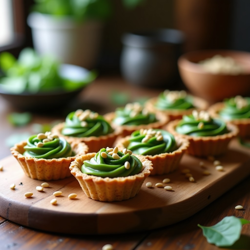 Tartaletas veganas con base dorada de semillas de girasol y linaza, rellenas de una crema verde de espinacas y tofu sedoso, decoradas con semillas de sésamo.