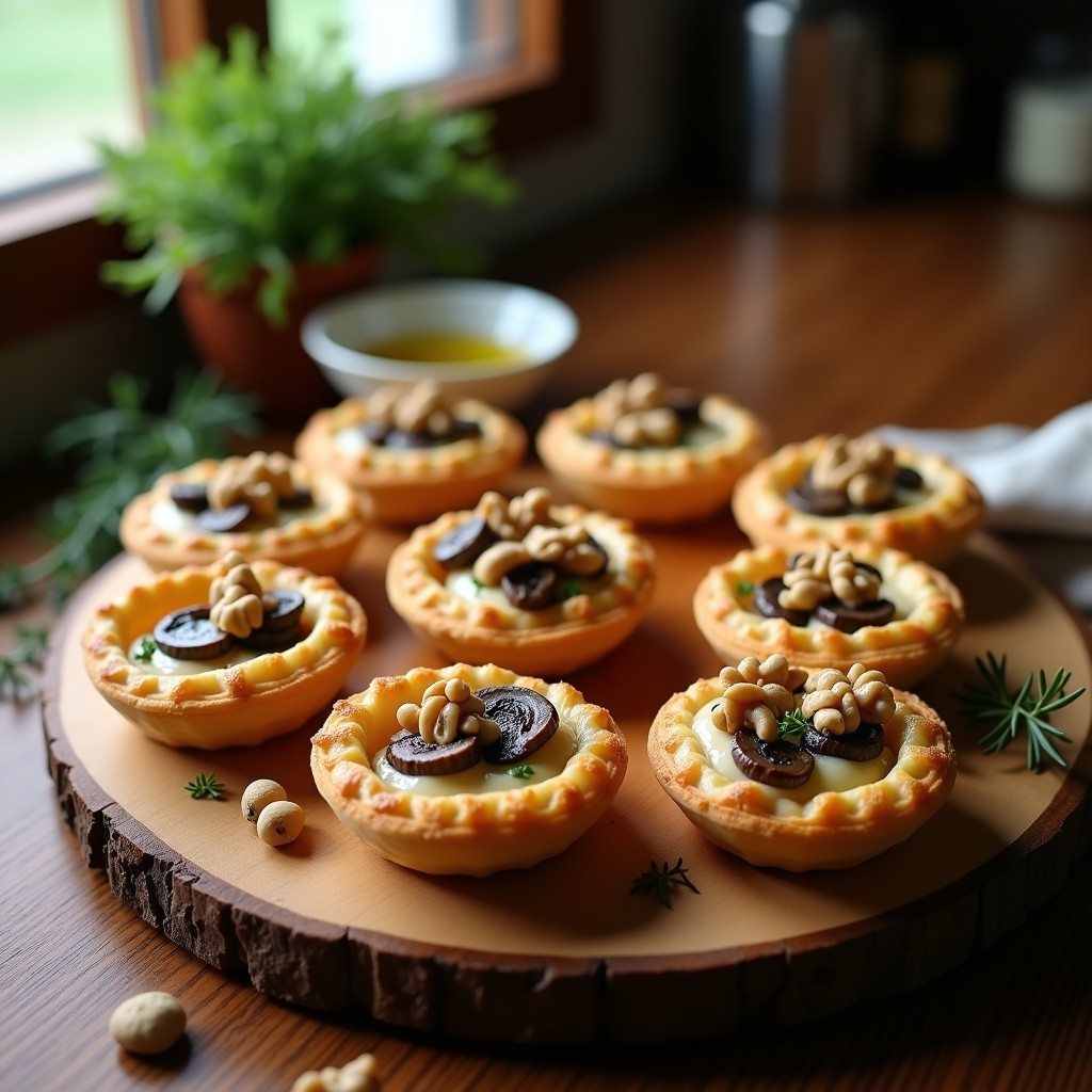 Tartaletas veganas doradas en moldes individuales, rellenas de hongos portobello salteados con crema de anacardos y espolvoreadas con nueces picadas, servidas sobre una tabla de madera rústica con un hilo de aceite de trufa negra.