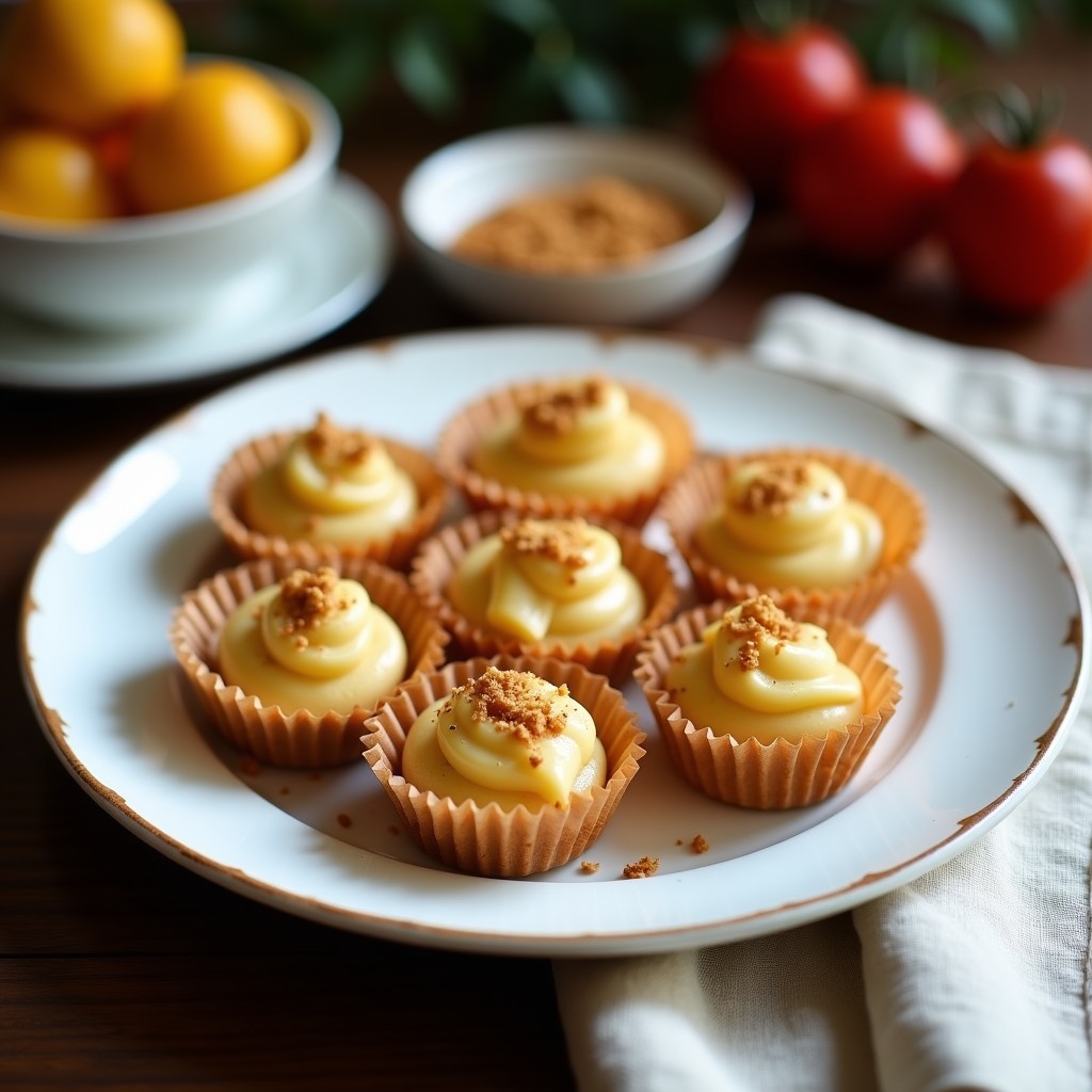 Tartaletas veganas sin horno de yaca madura y coco rallado, decoradas con trozos de yaca y hojas de menta fresca sobre fondo de madera rústica.
