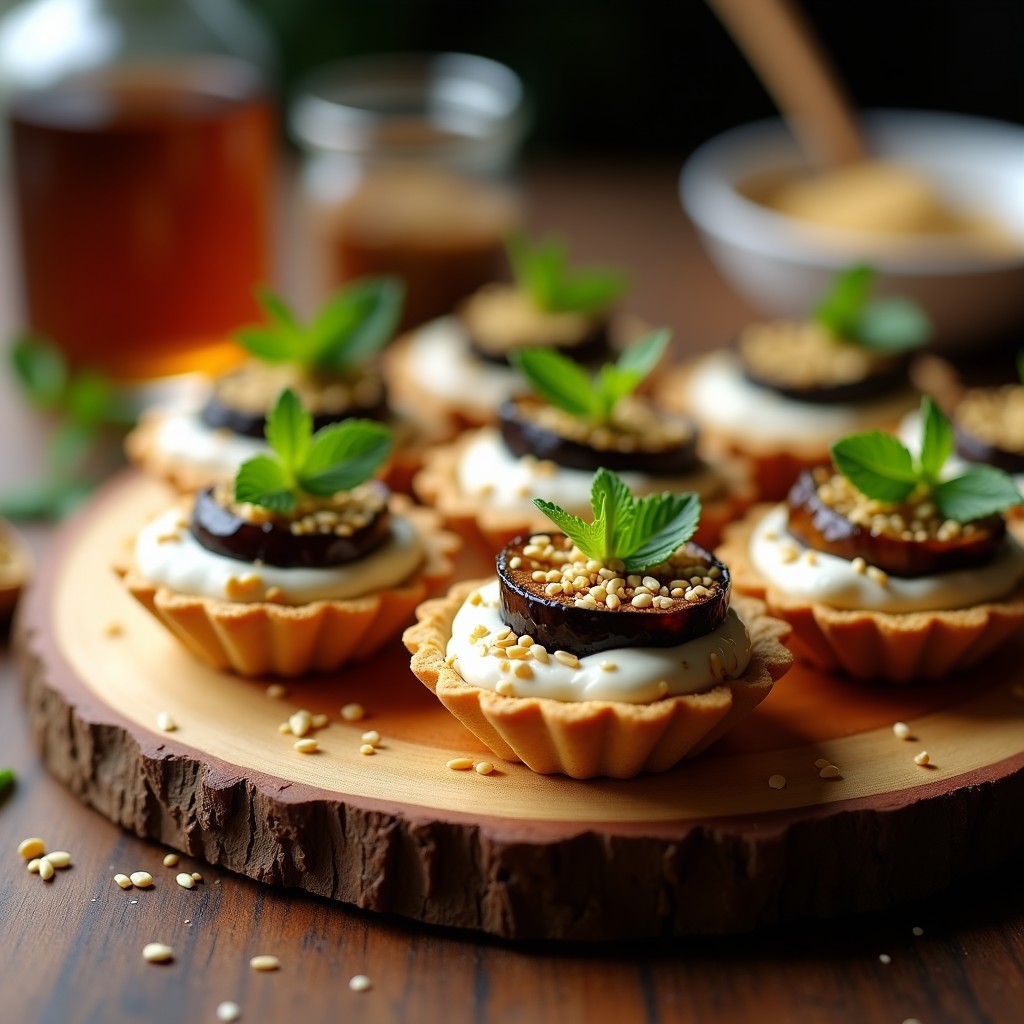 Tartaletas árabes crujientes con base de galleta de almendra, rellenas de crema de yogur vegano con zaatar y berenjena ahumada, decoradas con semillas de sésamo y menta fresca.