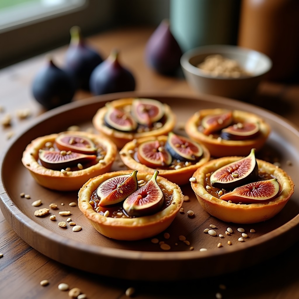 Tartaletas doradas al horno con base de masa quebrada, rellenas de higos caramelizados y espolvoreadas con zaatar, semillas de sésamo y nueces picadas. Presentadas en un plato de madera rústico con fondo borroso.